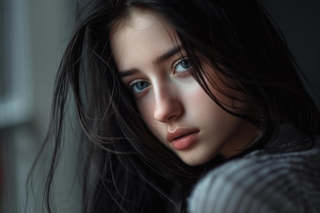 Pensive young woman with striking eyes