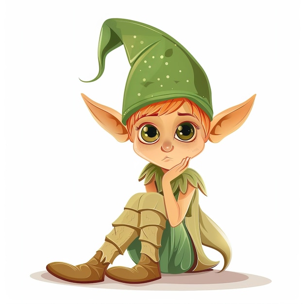 Photo a pensivelooking cartoon elf with large ears and wearing a green hat