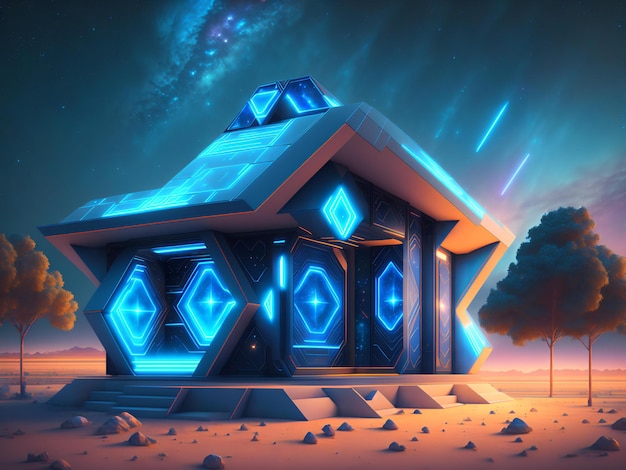 pentagonal indigenous temple kiosk with blue neon beams