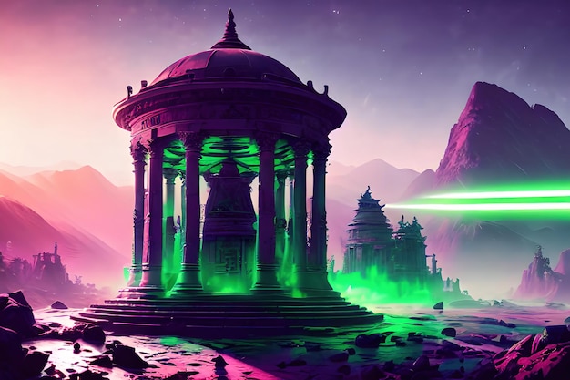 pentagonal indigenous temple kiosk with green neon beams in outer space