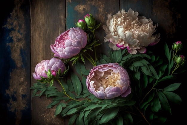 peonies flower on wooden background, generative ai