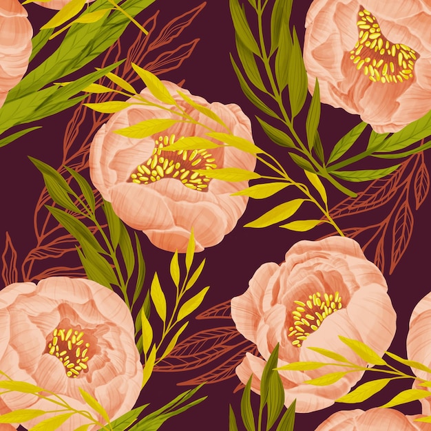 Peonies pattern on burgundy Pink buds and green leaves Illustration for wrapping wallpaper textile