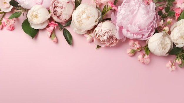 Peonies roses on pink foundation with duplicate space Curiously characteristic make chart organize with substance space Creative resource AI Generated