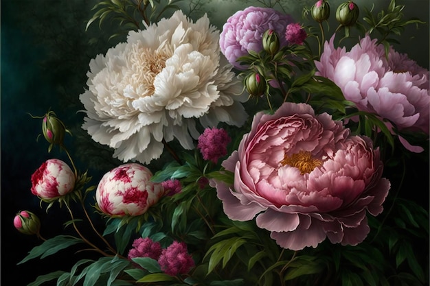 Peonies and wild rose creative digital illustration painting