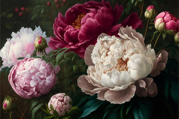 Peonies and wild rose digital illustration painting artwork