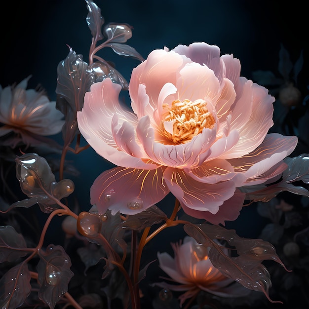 Peony Flower in Full Image with LED Light and Black Background