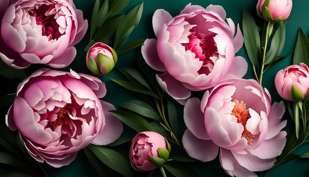 Peony flowers with green leaves as floral background top view