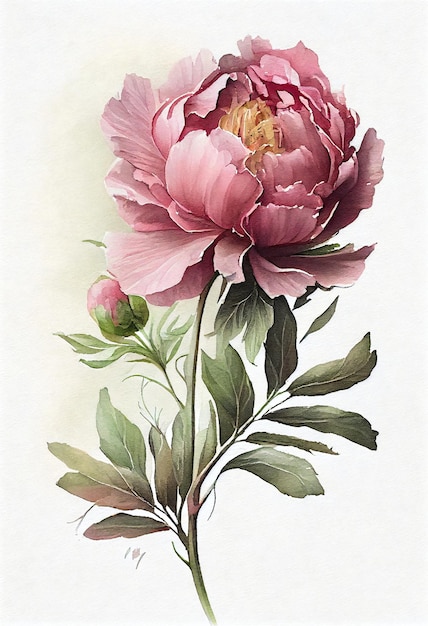 A peony with a green stem and a pink flower on it.