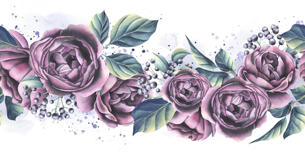 Peonyshaped roses are burgundy with leaves decorative berries spots and splashes of paint Watercolor illustration Seamless border from the WEDDING FLOWERS collection