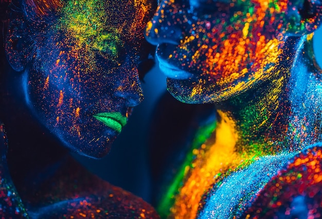 People are colored fluorescent powder. a pair of lovers dancing at a disco.