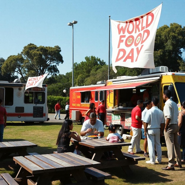 Photo people are gathered around a food truck with a banner that says world food