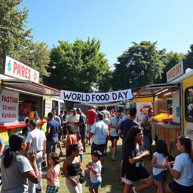 Photo people are gathered at a food stand with a banner that says world food