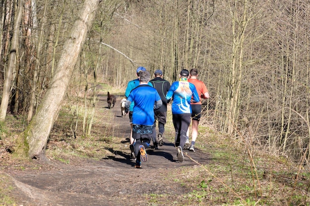 People are running along a forest path on a sunny spring morning Moscow region Russia