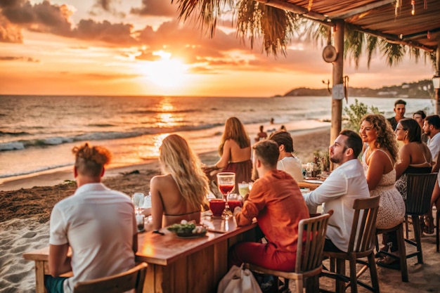 Photo people are sitting on a beautiful beach sunset beach bar