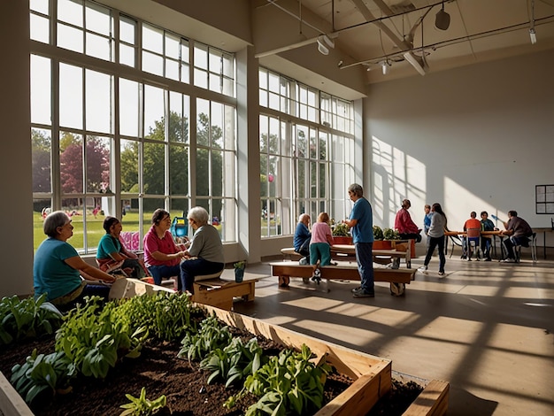 people are sitting in a cafeteria with a lot of people in the background