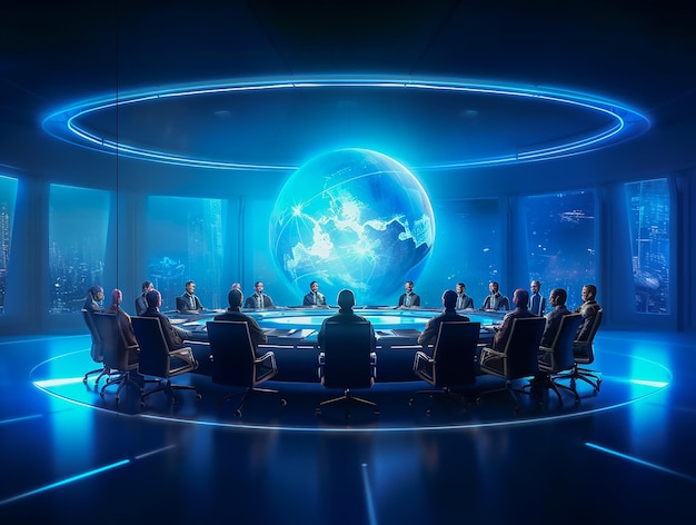 People are sitting at a round table in front of projection of planet Earth solving global problems