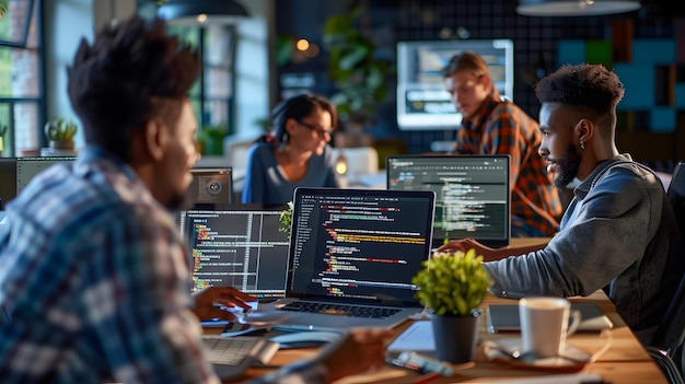 people are sitting at a table with computers and the code code code code