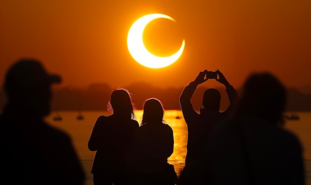 Photo people are standing on the beach and one has a sun in the sky