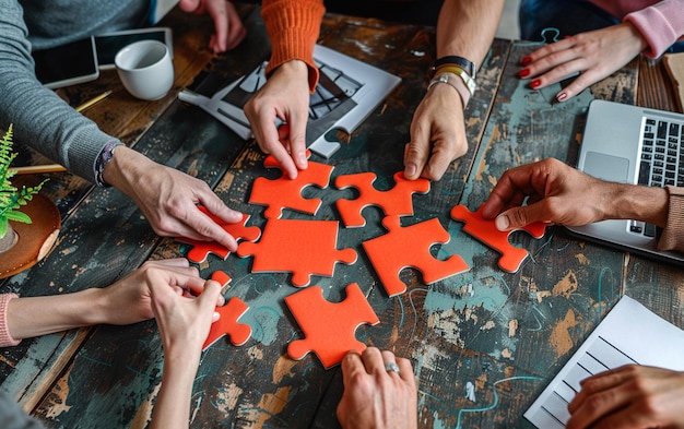 Photo people are trying to put together a color puzzle team building concept teamwork