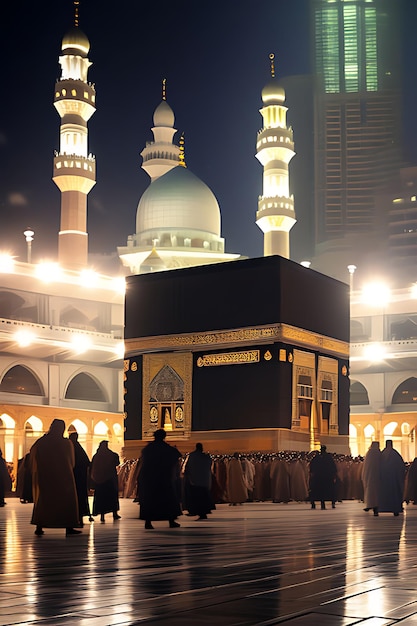 Photo people are walking around a mosque in a city at night