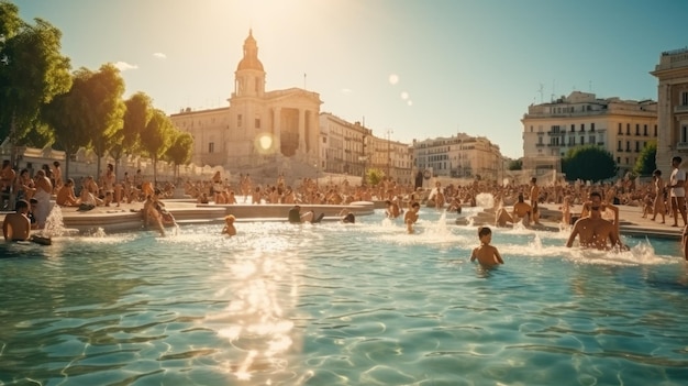 people bathe in fountain of city sunny bright day heat Illustration AI Generative