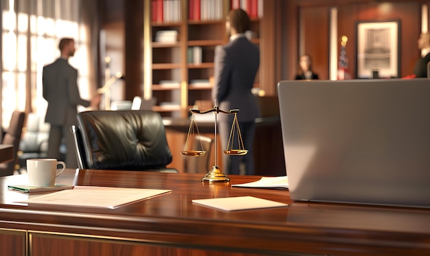 A people in business attire in an office setting The Scales of Justice are visible on the bookcase suggesting a legal context