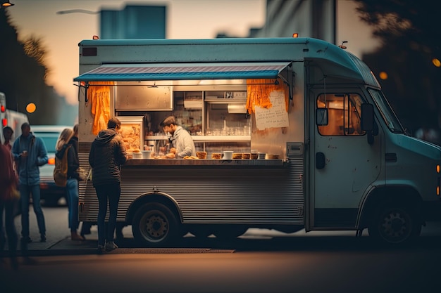 Photo people buying takeaway food from a food truck ai generative