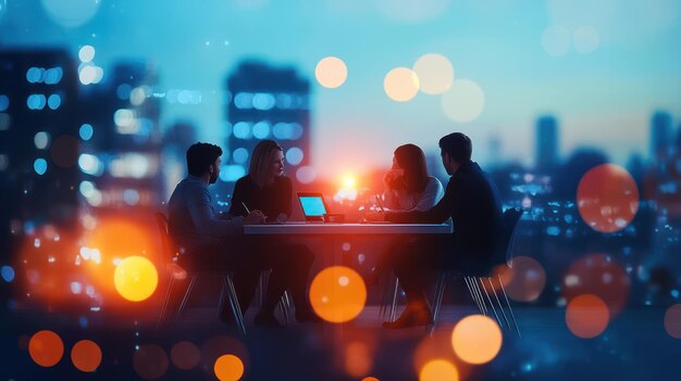 people in a cafe with the city in the background