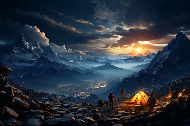 people in the camp tent in mountainscamping conceptstarrry sky