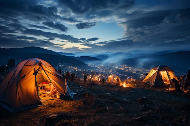 people in the camp tent in mountainscamping conceptstarrry sky