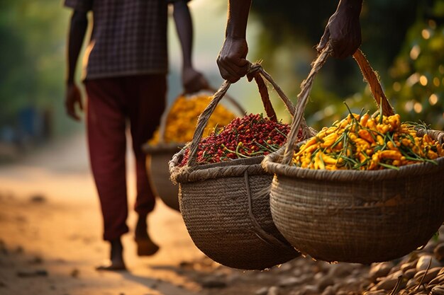 People carry baskets with a harvest of herbs Indian Asian or Mexican spices