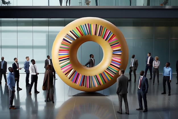 People carrying jigsaw pieces of a donut chart