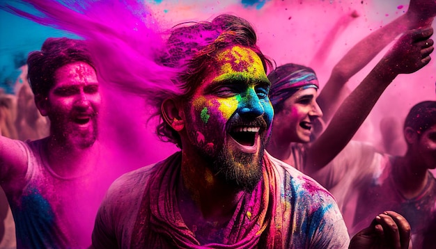 People celebrate Holi by jubilating dancing and throwing colorful AI Generative confetti