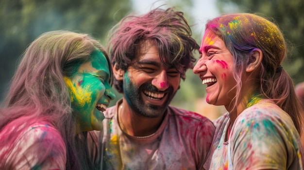 People celebrate Holi by jubilating dancing and throwing colorful AI Generative confetti