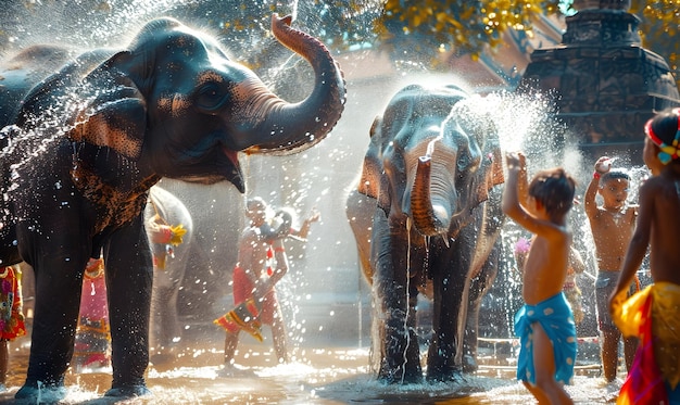 Photo people celebrate songkran day with elephant animal water festival