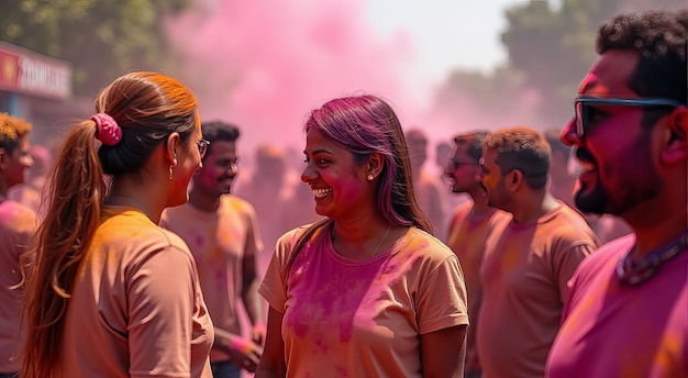 Photo people celebrating holi festival in a vibrant atmosphere filled with colorful powders in the streets during daytime