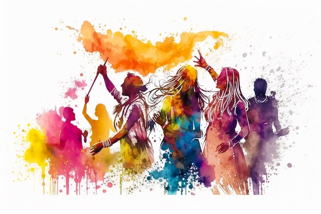 People celebrating Holi Festival, watercolor illustration