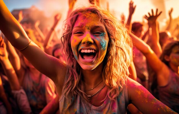 Photo people celebrating holi festival with colorful powder in the air woman portrait