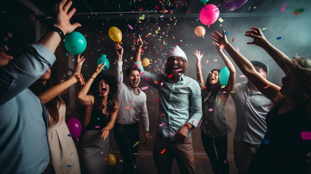 People celebrating at a party with confetti on the floor