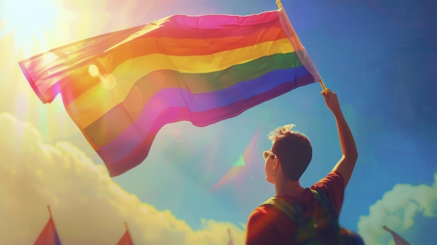 People Celebrating with Rainbow Flag at Pride Parade