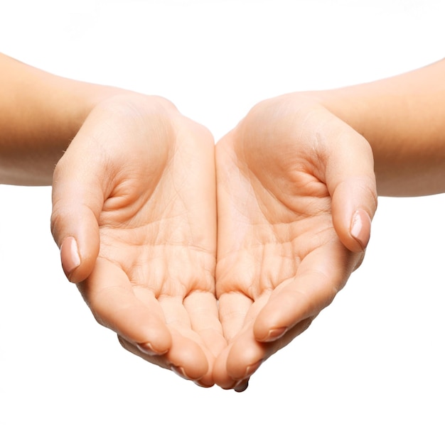 people, charity, help and support concept - close up of womans cupped hands