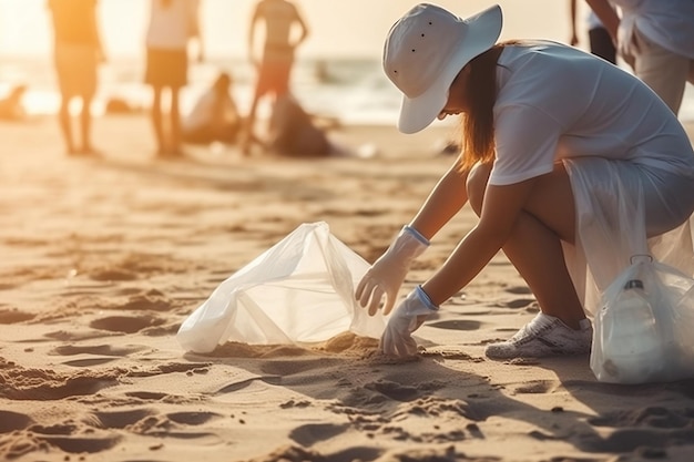 People clean plastic and garbage from the coast of the sea or ocean Generative AI