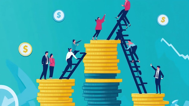 People climbing ladders to reach stacks of gold coins representing wealth and financial success