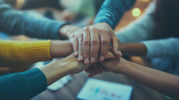 Photo people collaborating and supporting one another in a community setting with hands stacking together in unity during a group discussion