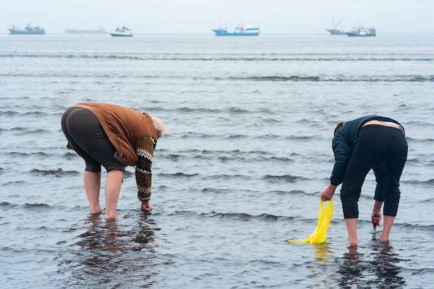 People collect shellfish on the shore at low tide on the island of Kunashir against the backdrop of fishing boats in the sea