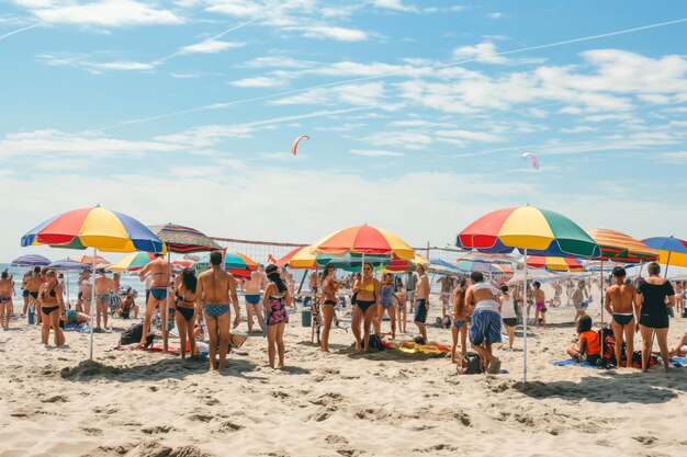 People under colorful umbrellas on beach enjoying leisurely time by the sea