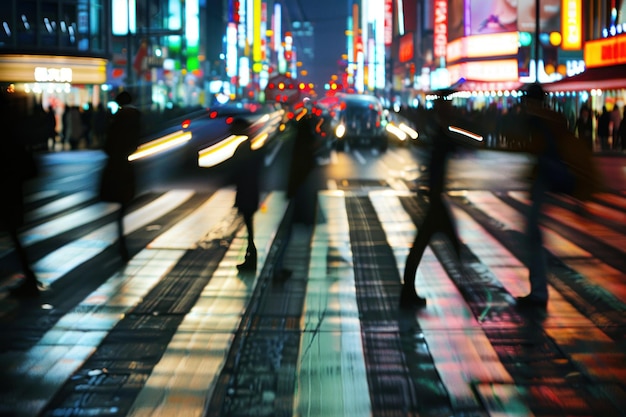 People crossing a city street at evening golden hour light motion blur