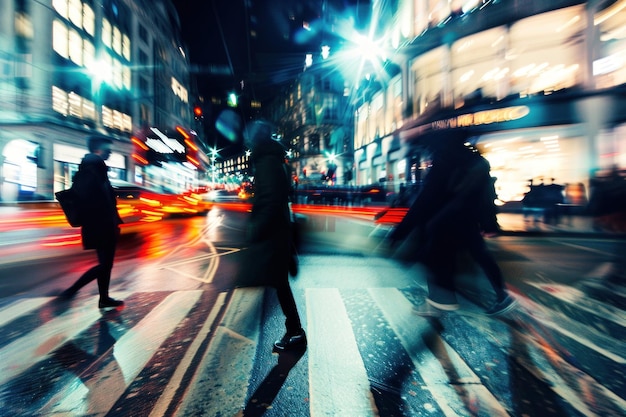 People crossing a city street at evening golden hour light motion blur