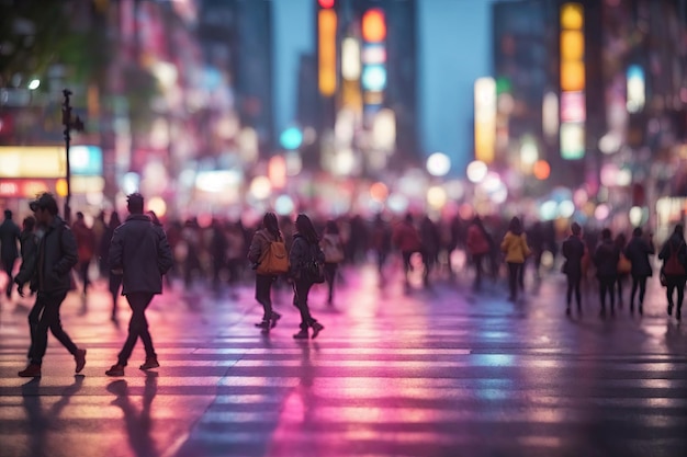 people crossing street blurry street background