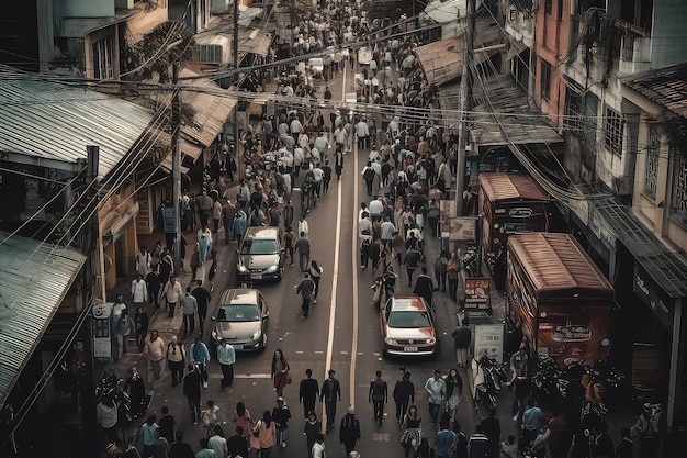 People crowd on pedestrian crosswalk Top view background AI